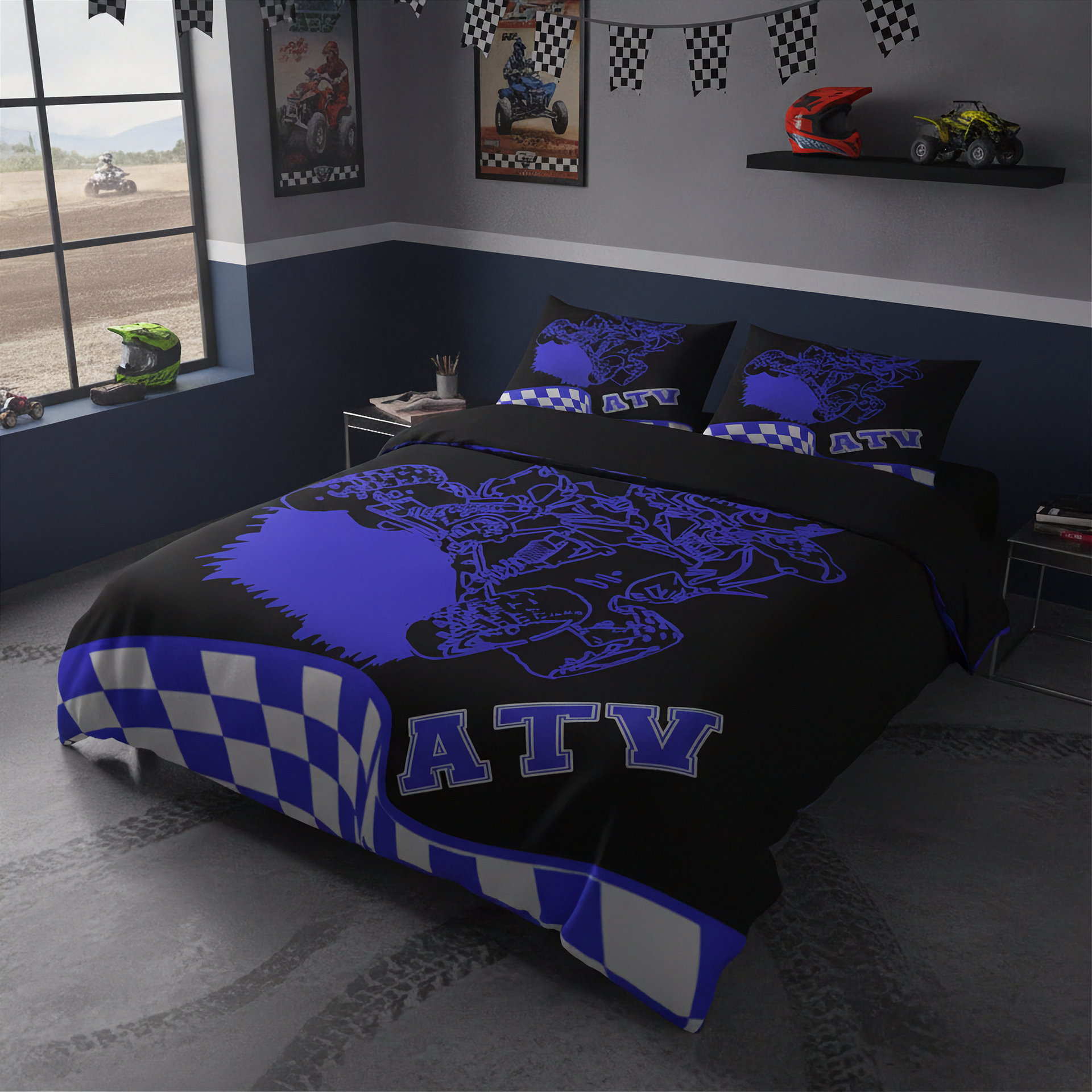 Bedroom with ATV-themed bedding and decor