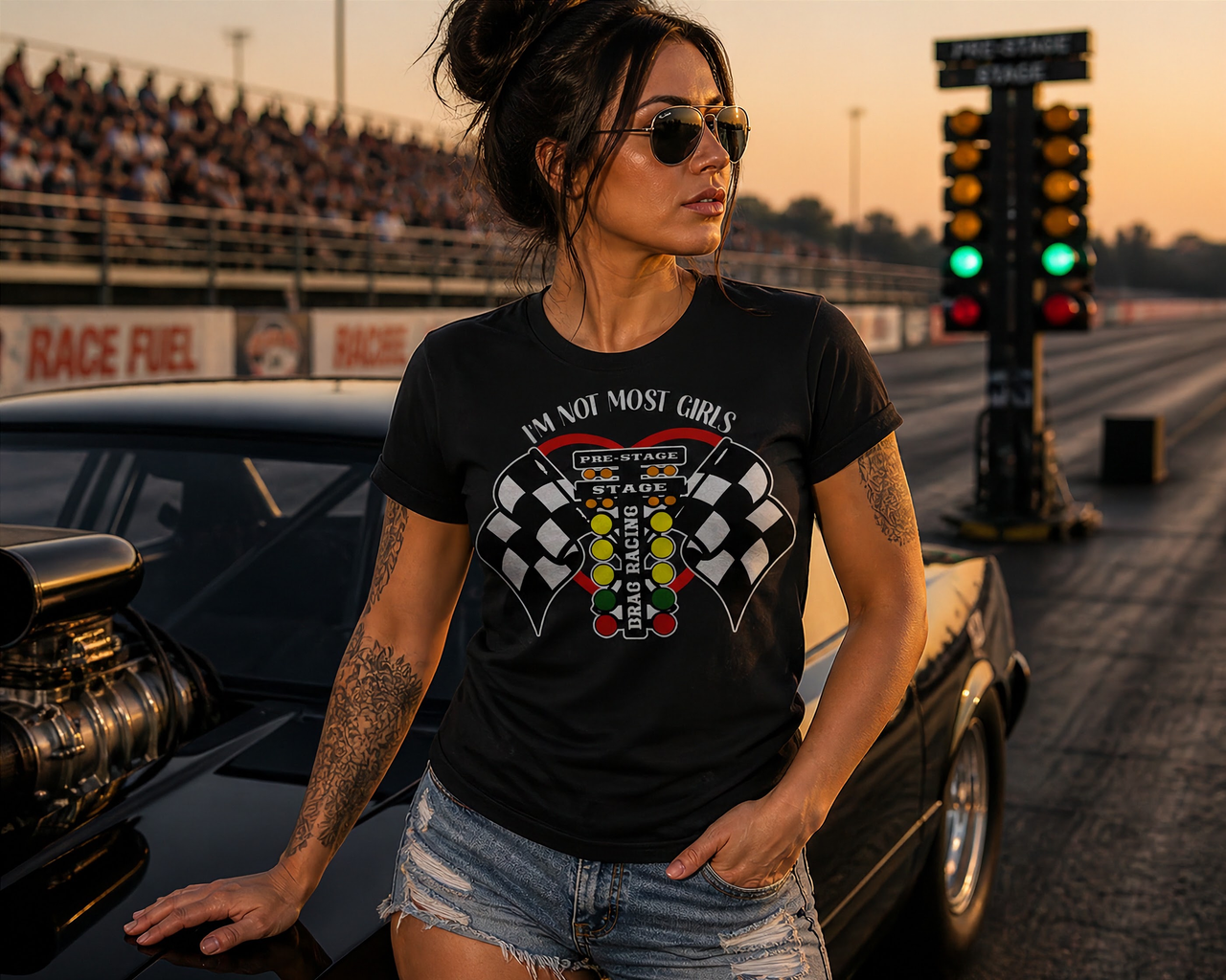 A bold and stylish apparel design featuring the text "I'm Not Most Girls" with drag racing graphics, printed on premium women's t-shirts and v-necks.