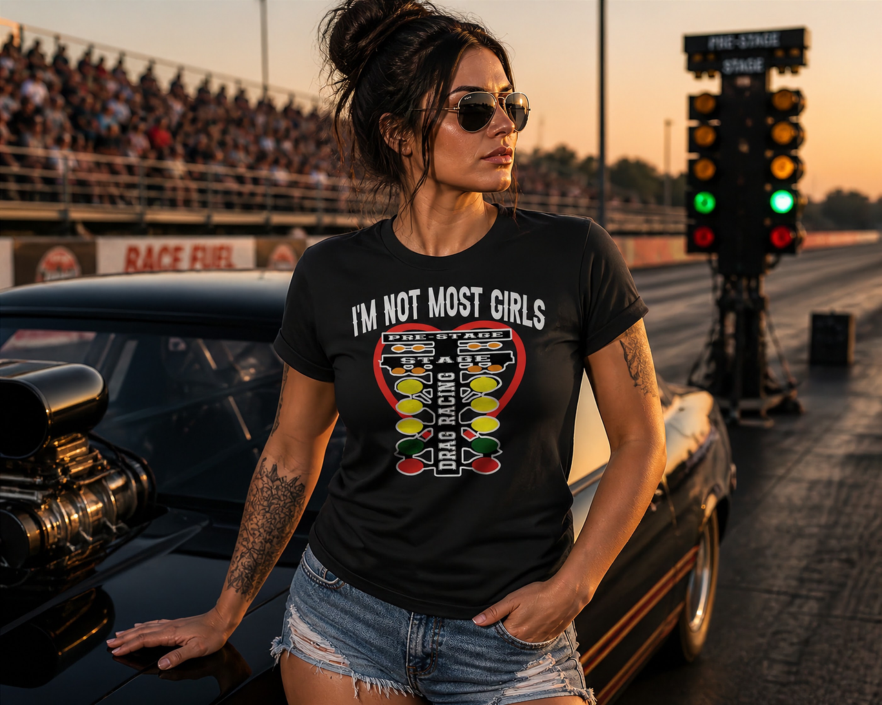 A bold and stylish apparel design featuring the text "I'm Not Most Girls" with drag racing graphics, printed on premium women's t-shirts, tanks, and hoodies.