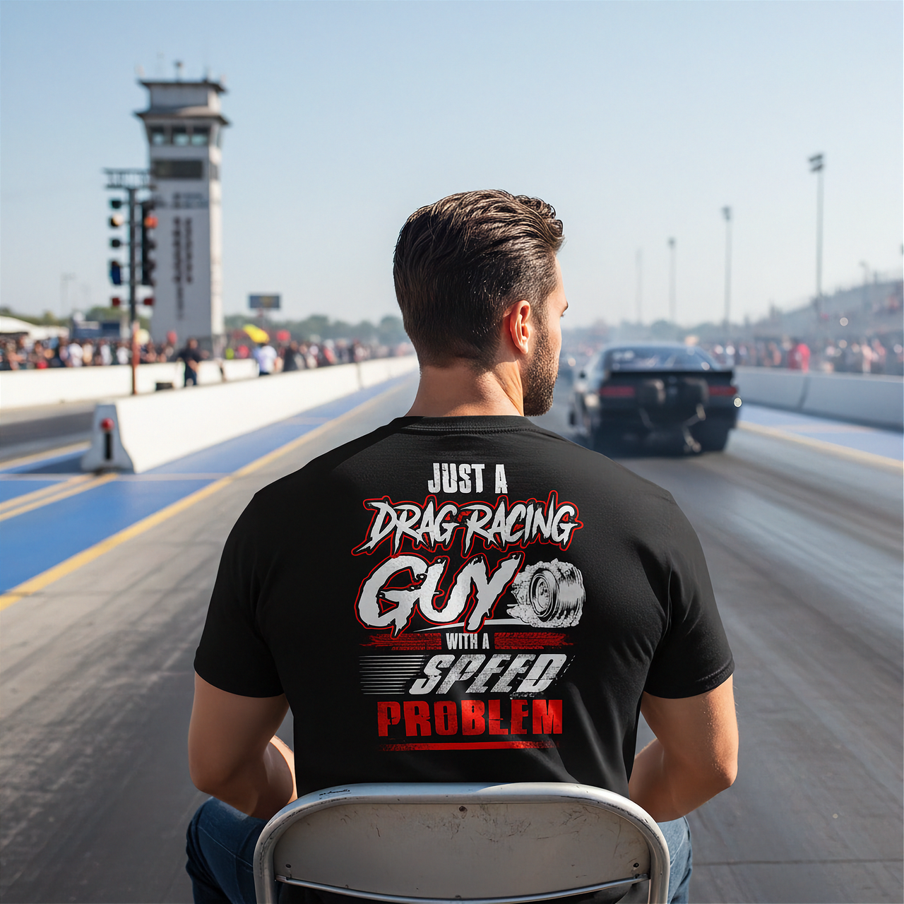 A bold and stylish apparel design featuring the text "Just A Drag Racing Guy With A Speed Problem" printed on high-quality t-shirts, tanks, and hoodies for men.