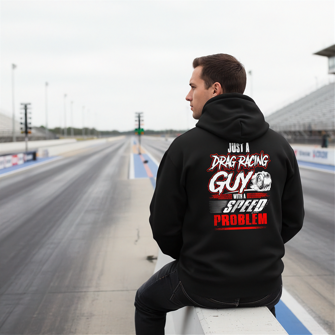 A bold and stylish apparel design featuring the text "Just A Drag Racing Guy With A Speed Problem" printed on high-quality t-shirts, tanks, and hoodies for men.
