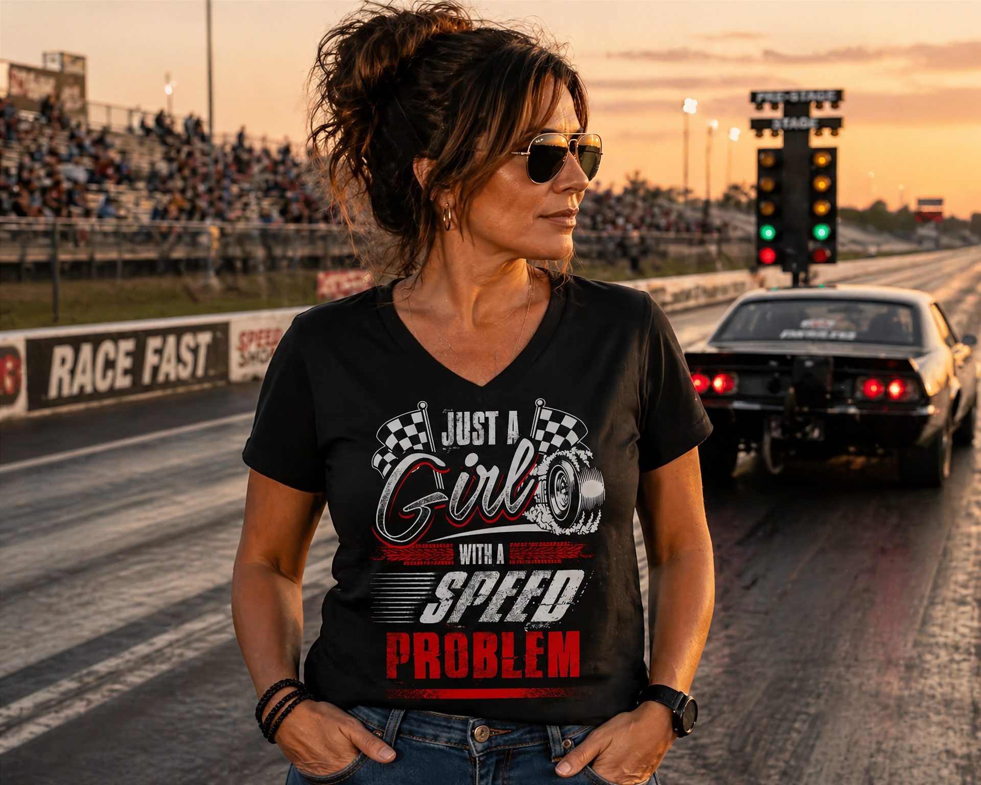 A bold and stylish apparel design featuring the text "Just A Girl With A Speed Problem" printed on high-quality t-shirts, tanks, and hoodies for female racing fans.