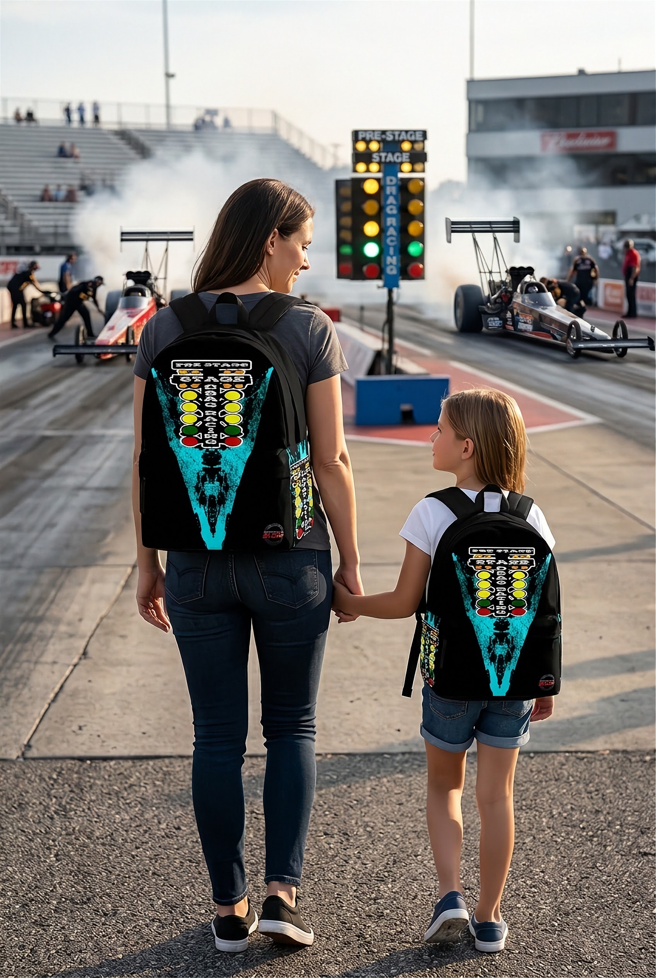 An adult man and an 8 to 12-year-old boy walking away from the camera toward a sunny asphalt drag strip staging area, both wearing matching custom Carolina Blue drag racing backpacks, with faint tire marks visible on the track ahead.