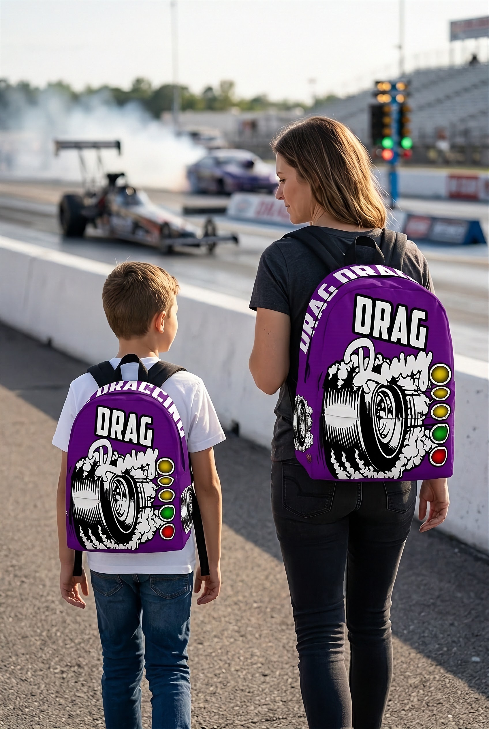 An adult woman and an 8 to 12-year-old child walking side-by-side through an asphalt drag strip paddock with faint burnout smoke in the distance, both wearing matching custom purple drag racing backpacks viewed from behind.