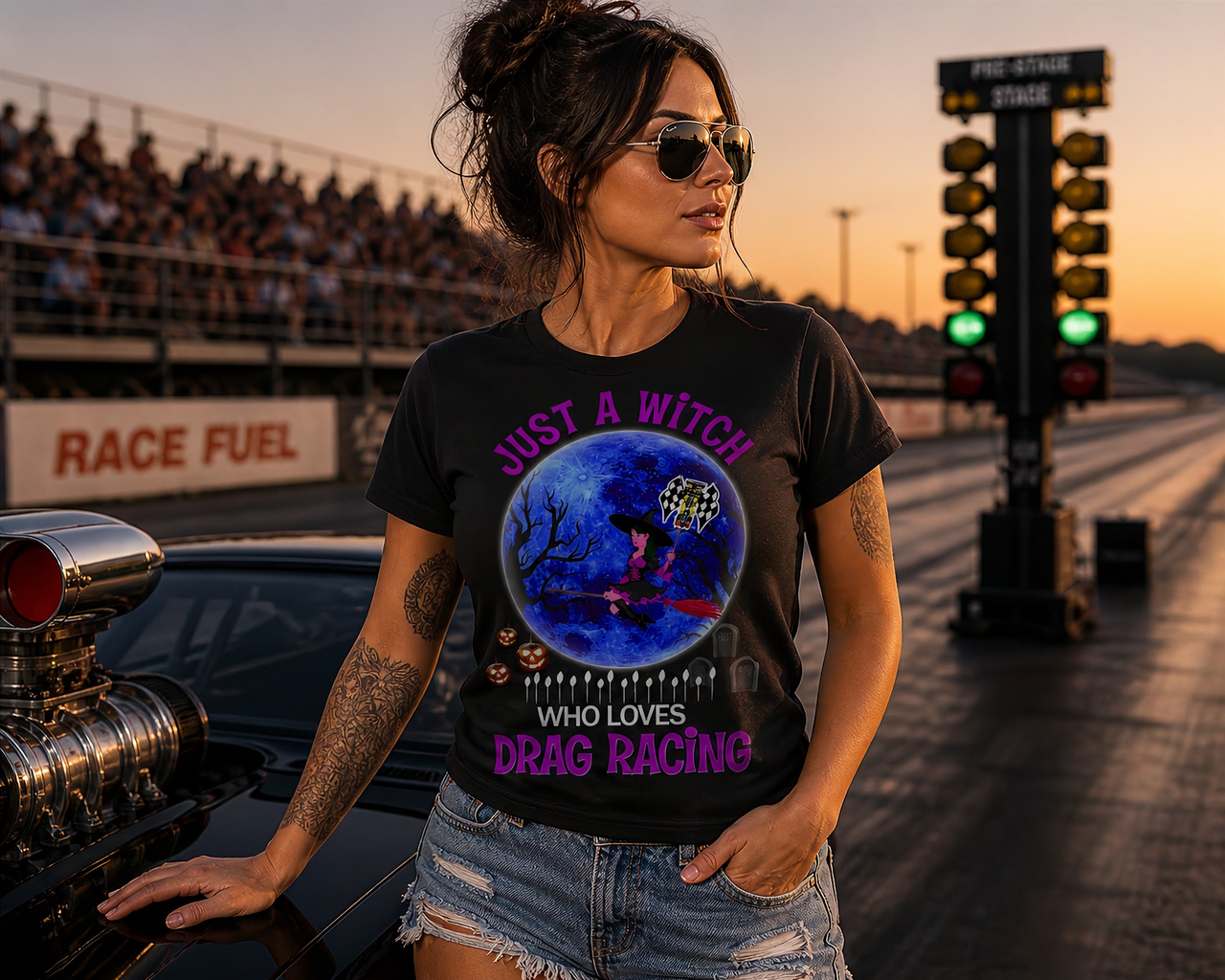 A cute and sassy kids' apparel design featuring the text "Sorry Boys My Dad Will Build Me A Faster Car Than Yours" with drag racing graphics, printed on high-quality baby bodysuits, toddler tees, and youth hoodies.