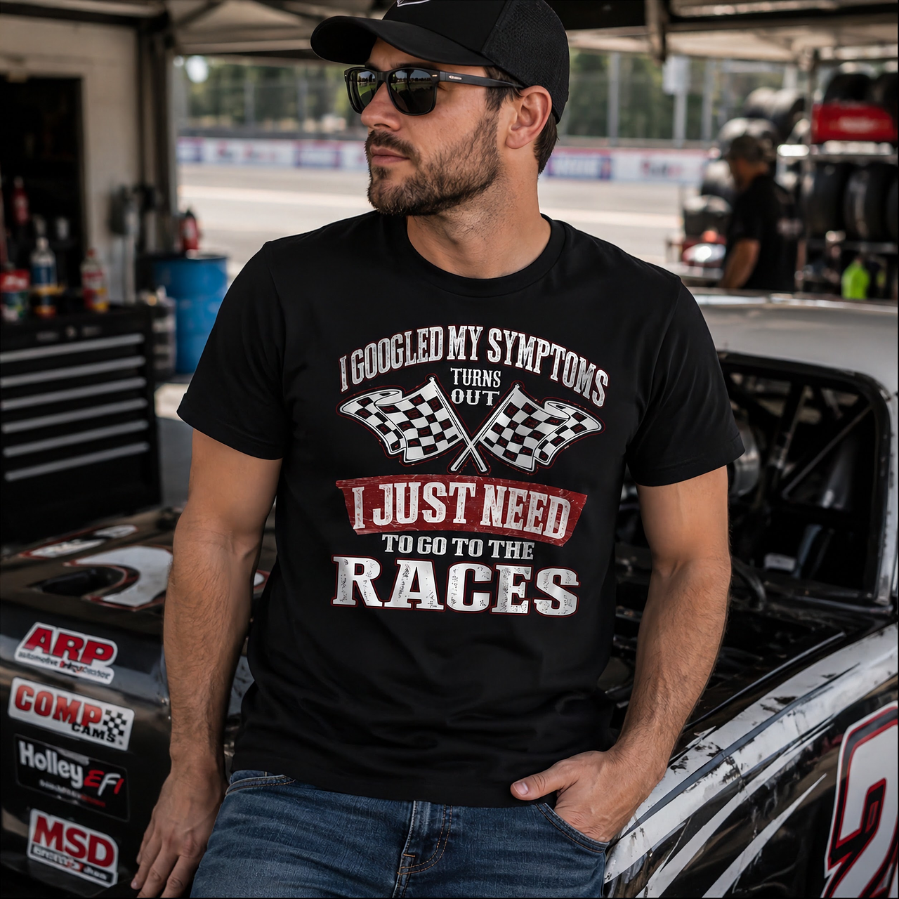 A humorous t-shirt design with a high-quality DIGISOFT™ print that says "I Googled My Symptoms Turns Out I Just Need To Go To The Races."