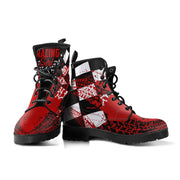 A pair of vibrant Red Racing Girl Boots featuring a custom checkered and racing-themed print, shown with a durable black rubber sole and white laces.