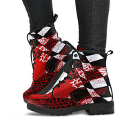 A pair of vibrant Red Racing Girl Boots featuring a custom checkered and racing-themed print, shown with a durable black rubber sole and white laces.