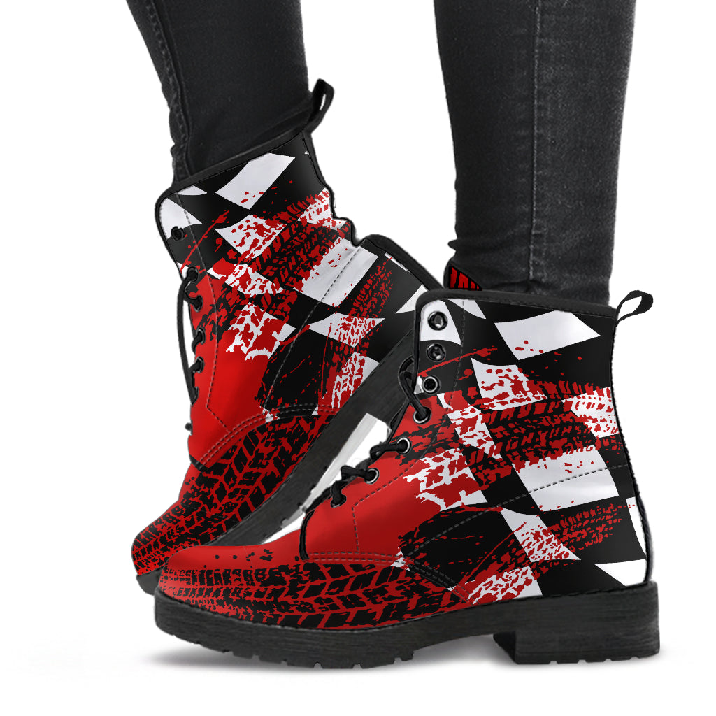 A pair of vibrant Red Racing Girl Boots featuring a custom checkered and racing-themed print, shown with a durable black rubber sole and white laces.