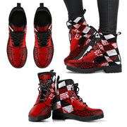 A pair of vibrant Red Racing Girl Boots featuring a custom checkered and racing-themed print, shown with a durable black rubber sole and white laces.