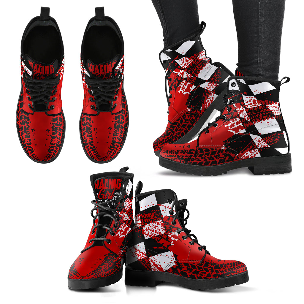 A pair of vibrant Red Racing Girl Boots featuring a custom checkered and racing-themed print, shown with a durable black rubber sole and white laces.