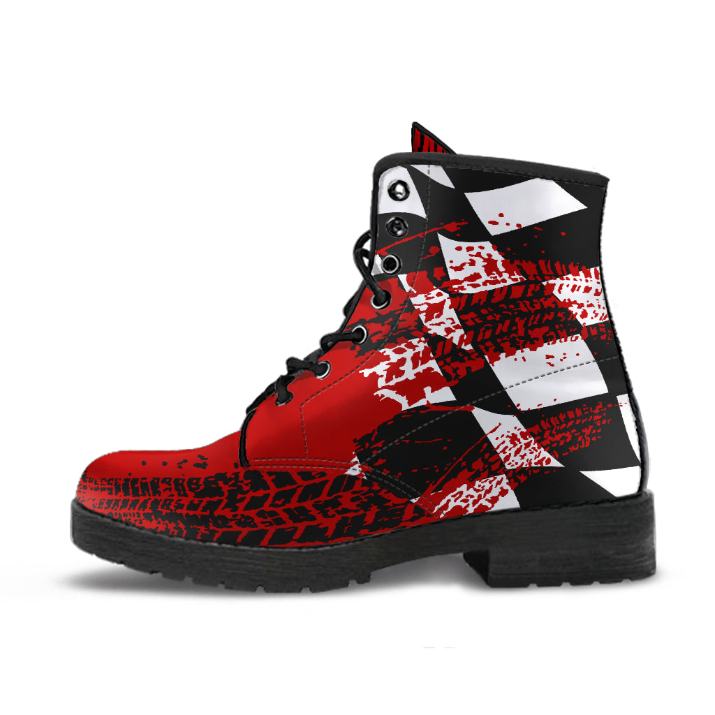 A pair of vibrant Red Racing Girl Boots featuring a custom checkered and racing-themed print, shown with a durable black rubber sole and white laces.