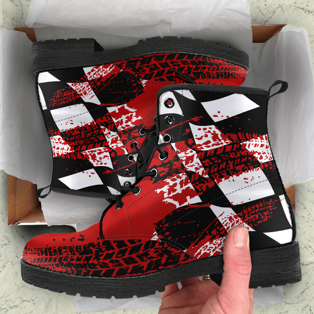 A pair of vibrant Red Racing Girl Boots featuring a custom checkered and racing-themed print, shown with a durable black rubber sole and white laces.