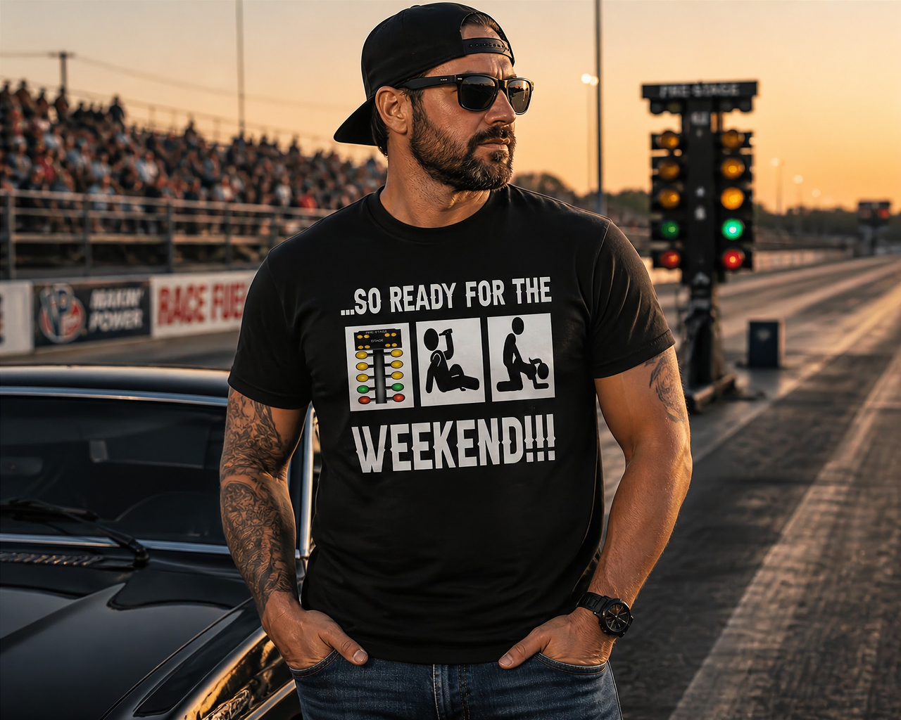 A premium graphic apparel design featuring the phrase "So Ready For The Weekend" tailored for drag racing fans, printed on high-quality tees, tanks, and hoodies.