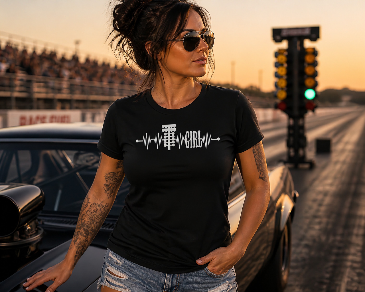 A stylish Drag Racing Girl Heartbeat design featuring a pulse line transitioning into a dragster silhouette, printed on premium women's trackside apparel.
