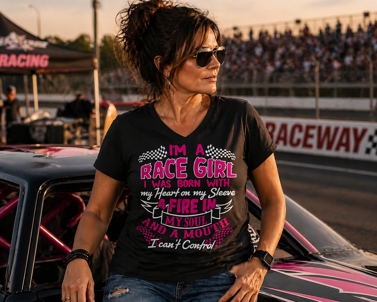A stylish "I'm A Race Girl" design featuring the quote "Born with my heart on my sleeve and a fire in my soul" printed on premium trackside apparel.