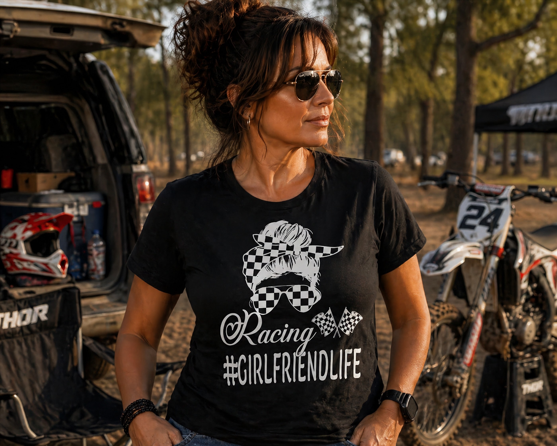 A stylish apparel design featuring the text "Racing Girlfriend Life" printed on premium women's t-shirts, v-necks, and racerback tanks for trackside support.