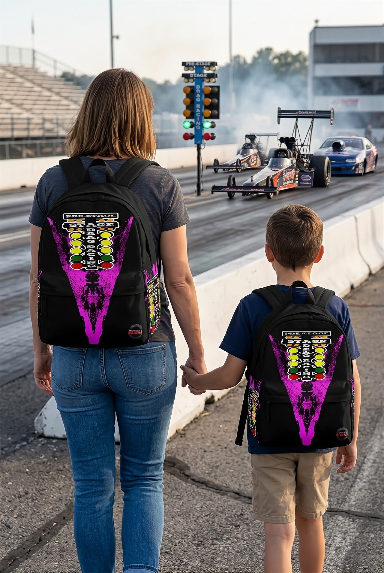 A young girl aged 8 to 12 wearing a bright pink drag racing backpack, walking hand-in-hand with an adult woman down a sunny asphalt drag strip toward the starting line, viewed from behind to clearly showcase the matching custom pink backpack designs.