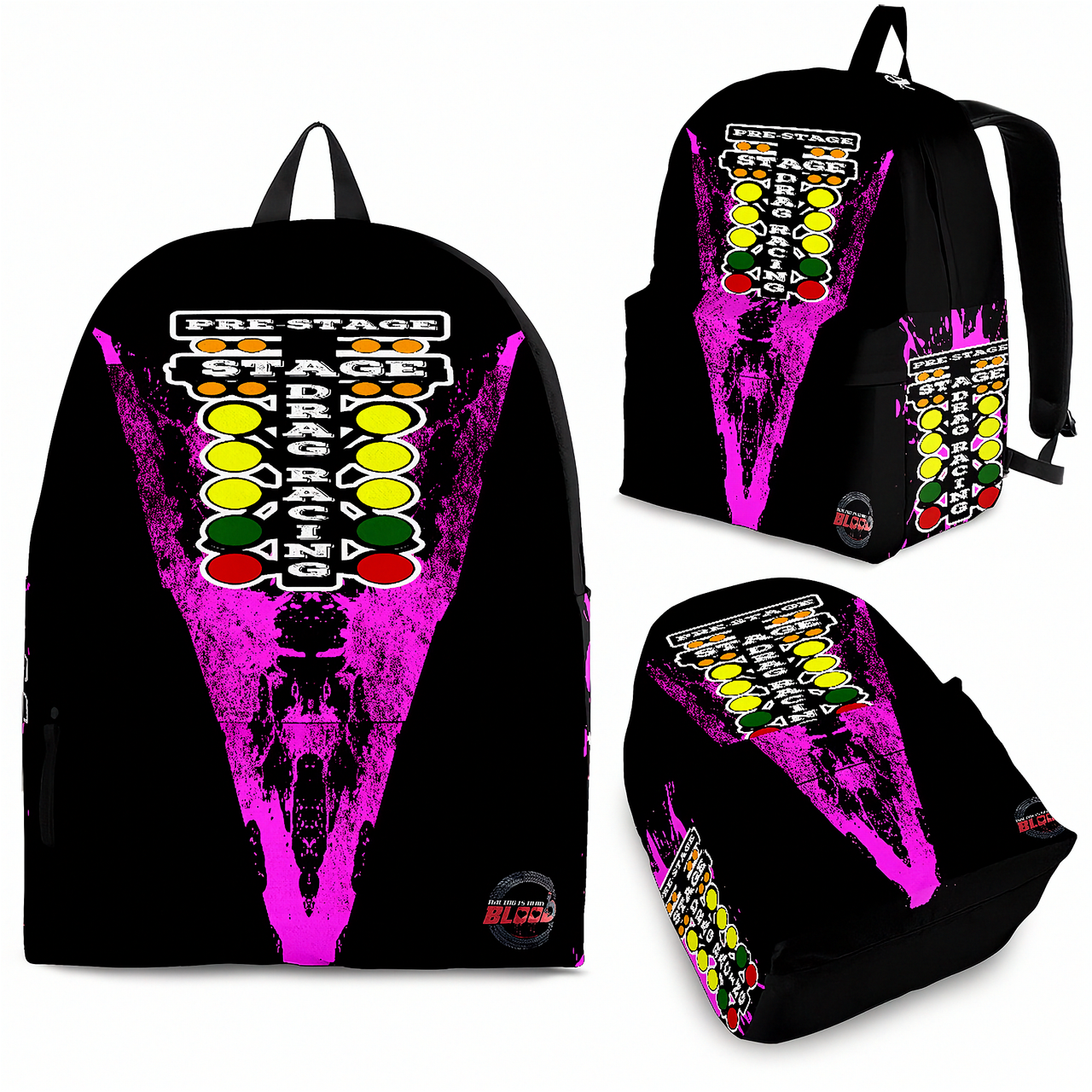 A young girl aged 8 to 12 wearing a bright pink drag racing backpack, walking hand-in-hand with an adult woman down a sunny asphalt drag strip toward the starting line, viewed from behind to clearly showcase the matching custom pink backpack designs.