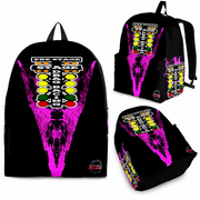 A young girl aged 8 to 12 wearing a bright pink drag racing backpack, walking hand-in-hand with an adult woman down a sunny asphalt drag strip toward the starting line, viewed from behind to clearly showcase the matching custom pink backpack designs.