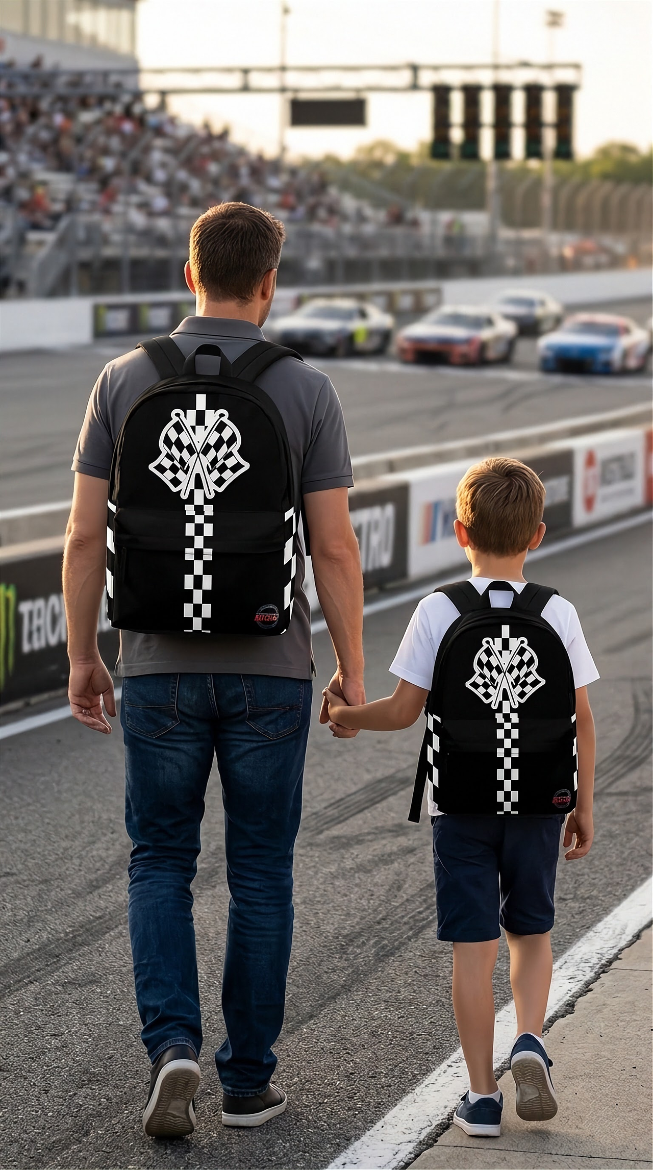 A young racing student aged 8 to 12 standing in a professional speedway garage bay alongside a classic sports car, wearing a new custom track racing backpack with thick black padded shoulder straps.