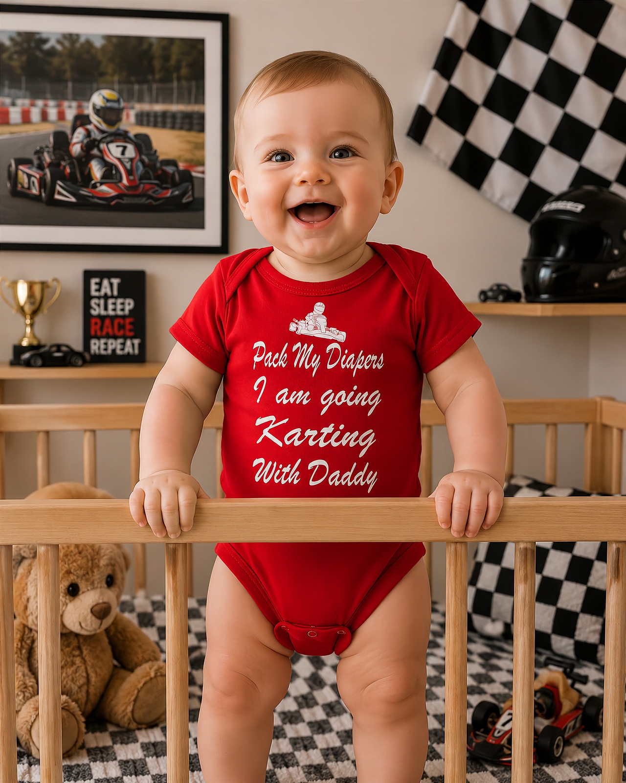 Baby onesie featuring the funny "Pack My Diapers I'm Going Karting With Daddy" graphic, made from soft combed ringspun cotton for future go-kart champions.