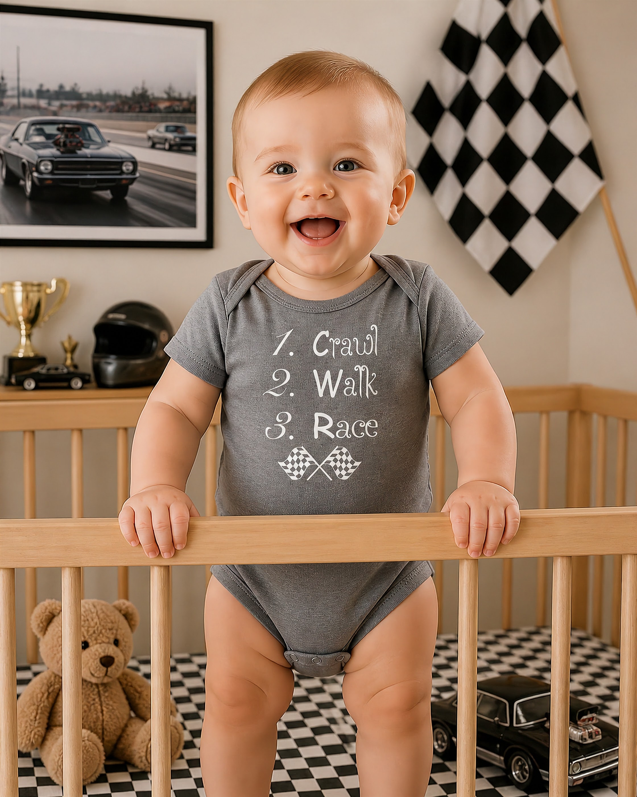 Baby onesie with "Crawl Walk Race" graphic, featuring reinforced three-snap closure and soft ringspun cotton for future racing champions.