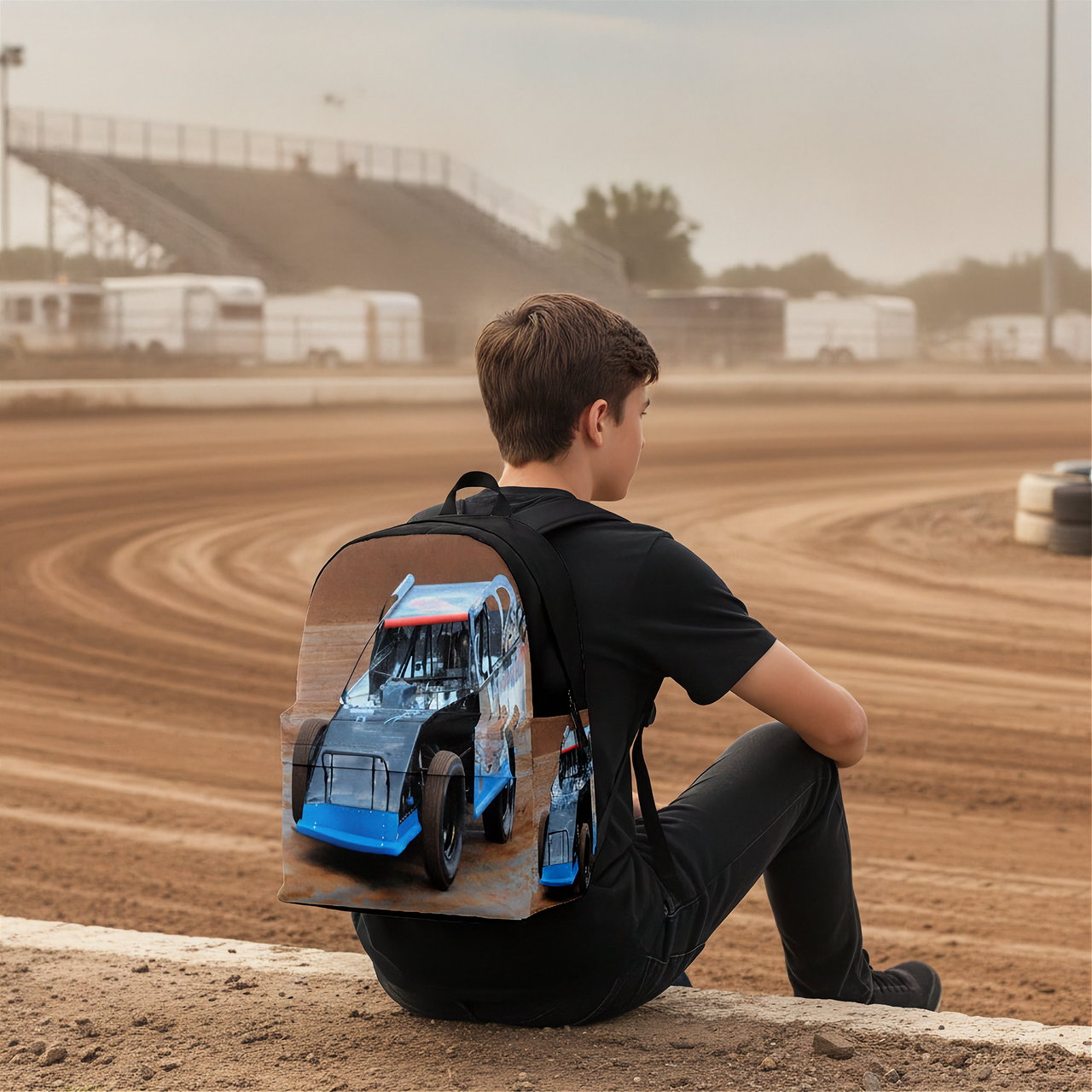 A kid sitting on a dirt track wearing a black backpack with a printed racing car design, with the racetrack in the background.