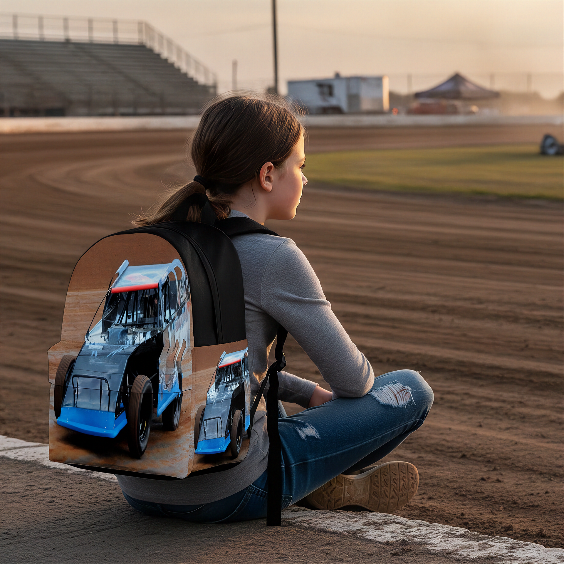 A girl sits cross-legged on a dirt track at sunset wearing a backpack with a printed racing car design. The backpack features a large graphic of a blue and white race car with smaller matching graphics on the front and side, set against a blurred racetrack background.