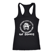 black tank top with a white graphic print that reads 'BEHIND EVERY RACER IS HIS NANA SCREAMING FROM THE STANDS' with a checkerboard flag design.