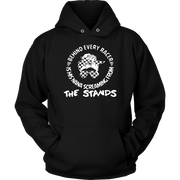 A black pullover hoodie with a white graphic print on the chest featuring a checkered flag and the text 'BEHIND EVERY RACER IS HIS NANA SCREAMING FROM THE STANDS'.
