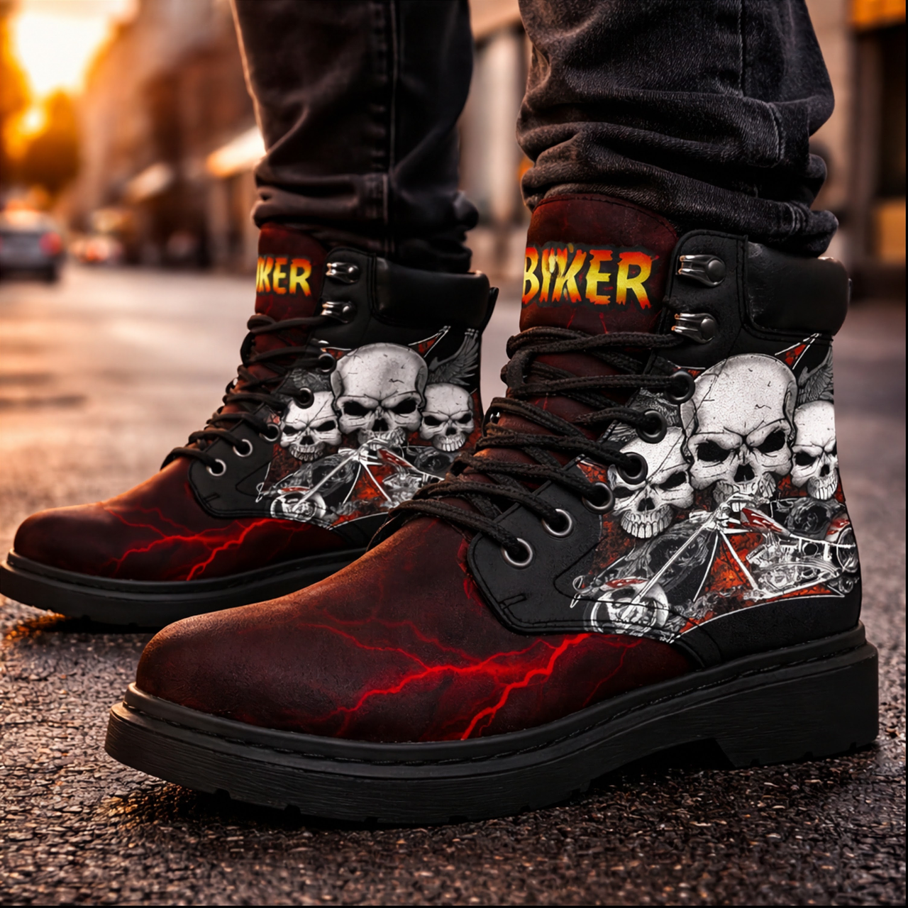 Biker Thunder Skull All-Season Boots featuring a double-sided red flaming skull and lightning graphic on water-resistant micro-suede with memory foam insoles and a durable steel shank rubber outsole.