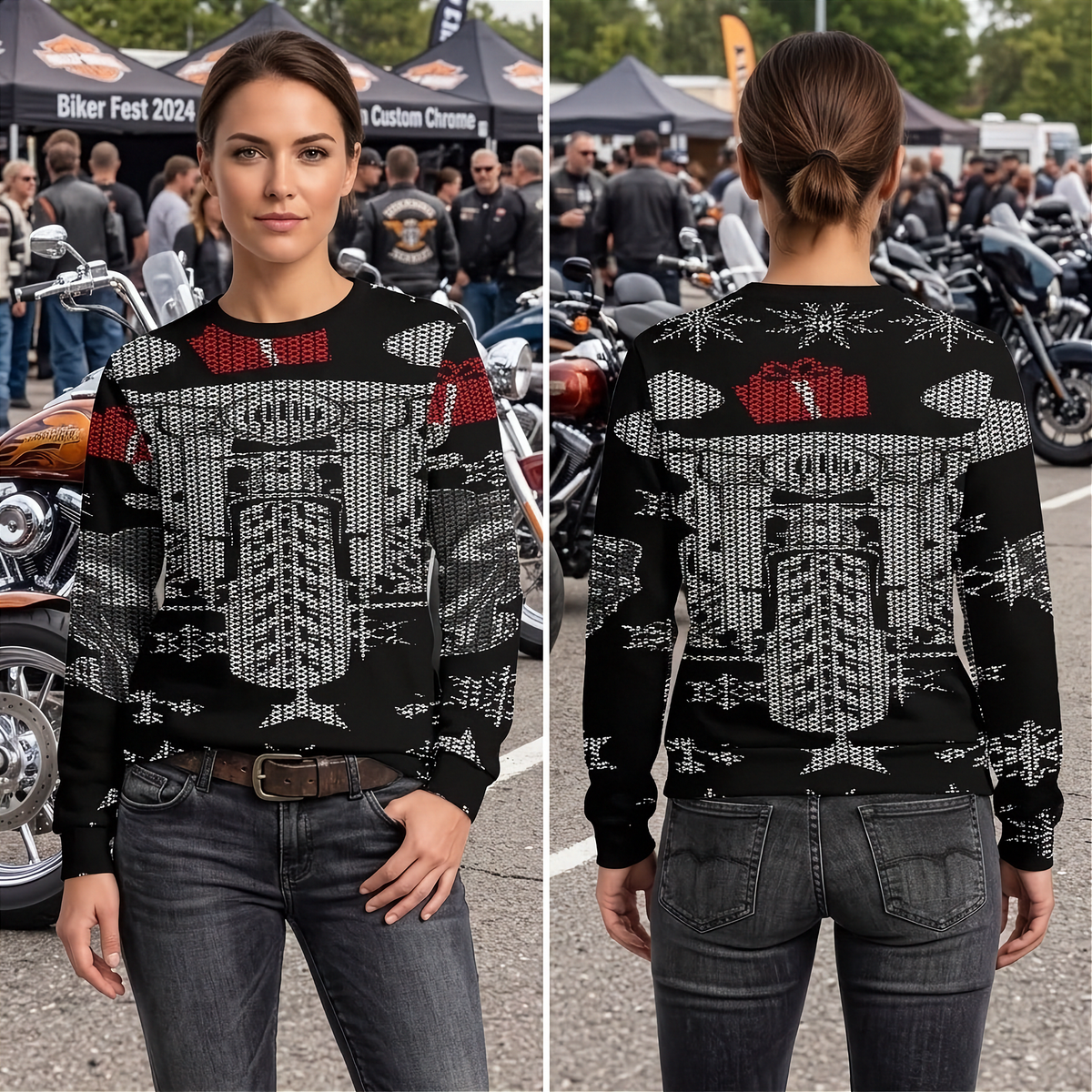 A woman modeling a black knit sweater with a biker-themed graphic print, shown in front and back views at an outdoor motorcycle event. The sweater features a stylized motorcycle and the word 'Biker' in white and red.