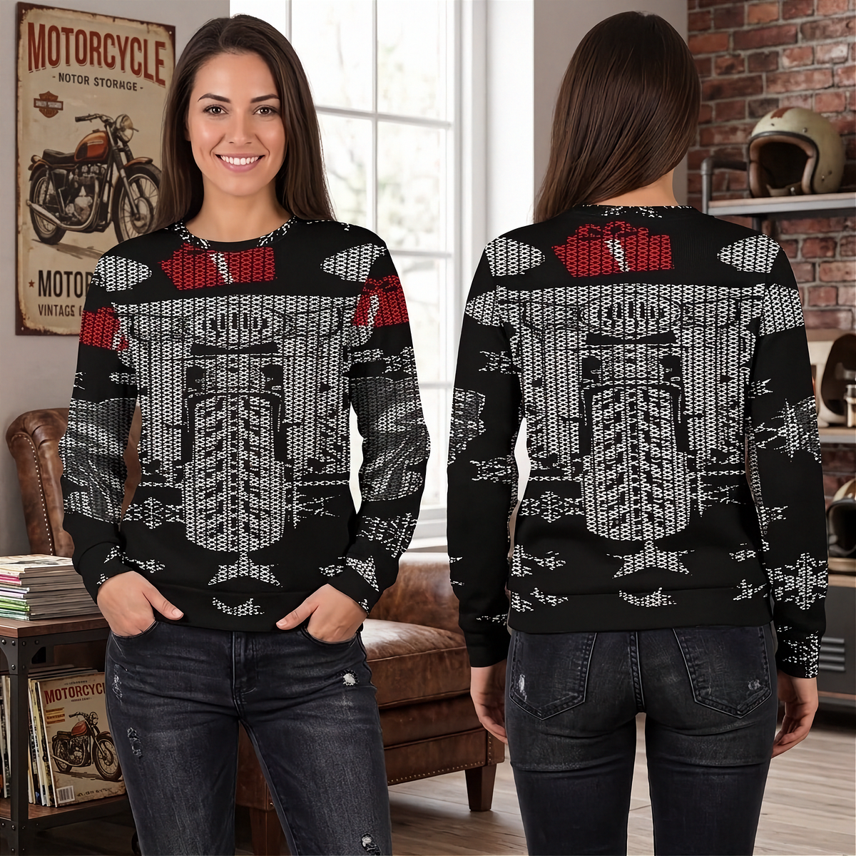 A woman modeling a black long-sleeve knit sweater with a large white motorcycle-themed graphic on the front and back, plus red accents. She is shown from both front and back in a furnished indoor room with a window, brick wall, chair, and motorcycle posters.