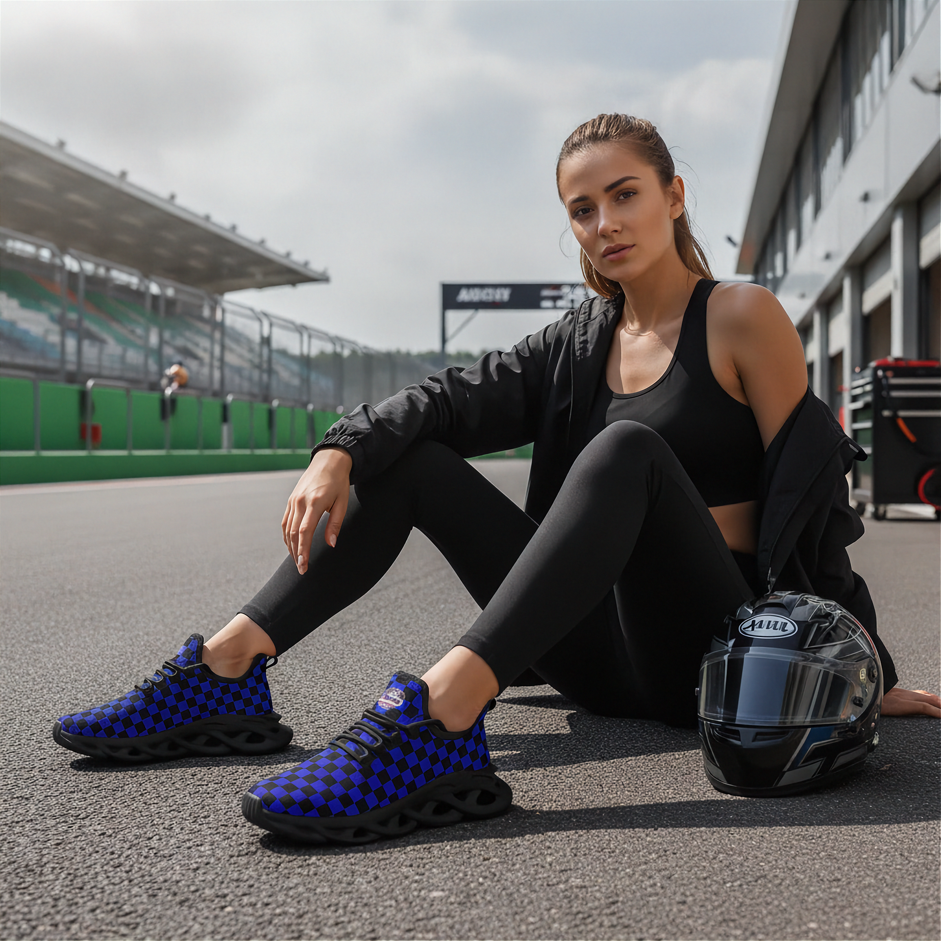Woman sitting on a race track wearing black athletic wear and blue checkered shoes, with a helmet beside her.