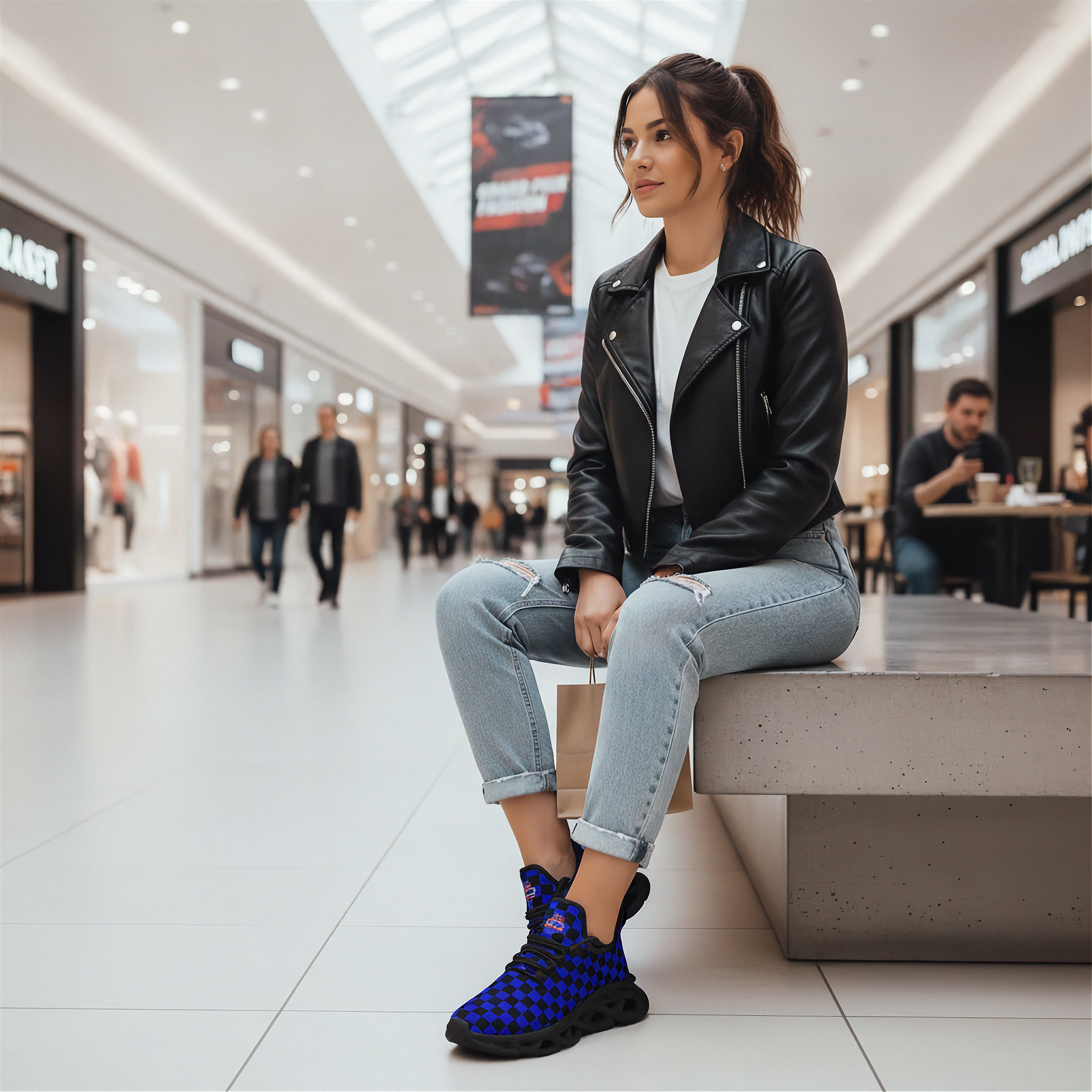 Woman sitting on a bench in a shopping mall wearing a black leather jacket and blue checkered shoes.