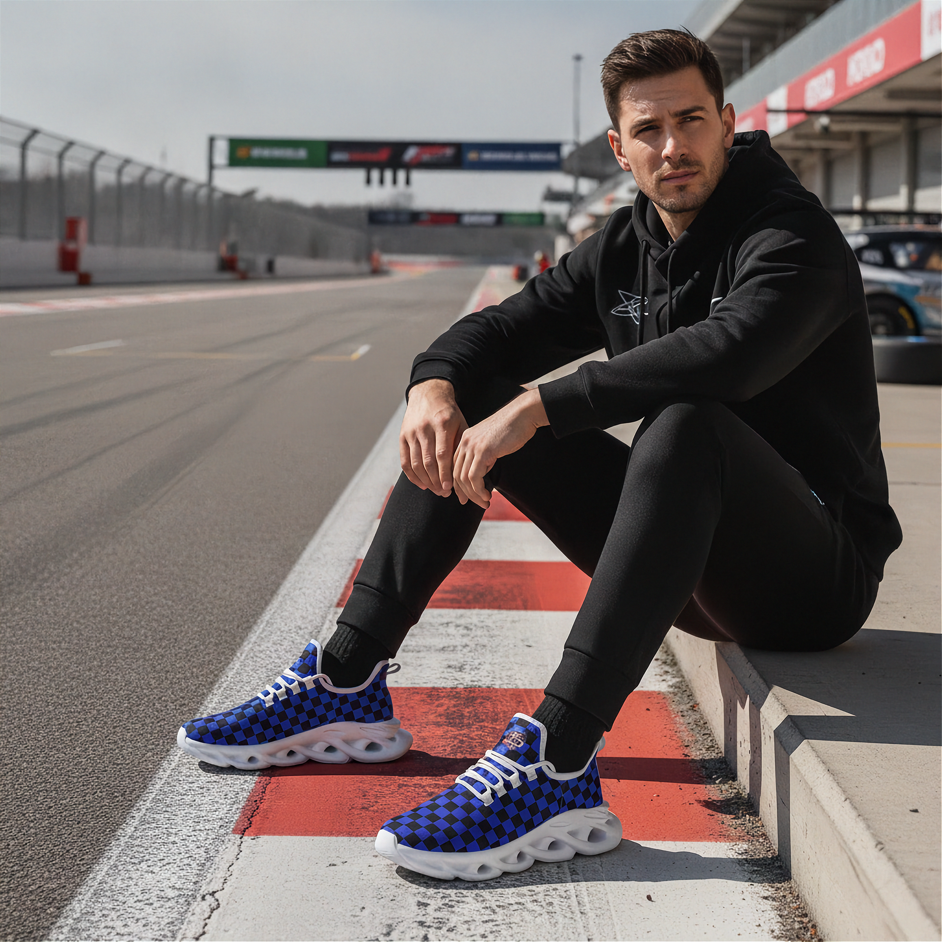 Man sitting on a race track wearing black outfit and blue checkered sneakers