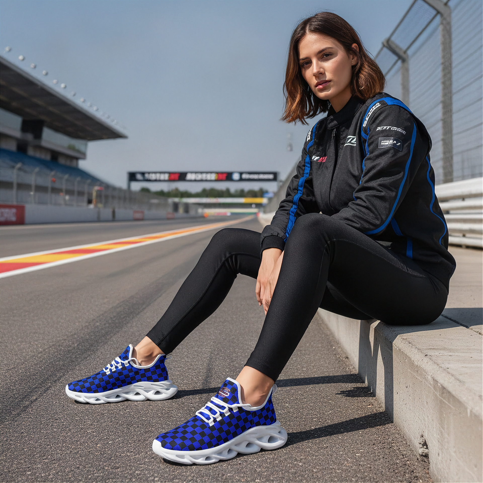 Woman sitting on a race track wearing black outfit with blue accents and blue sneakers.