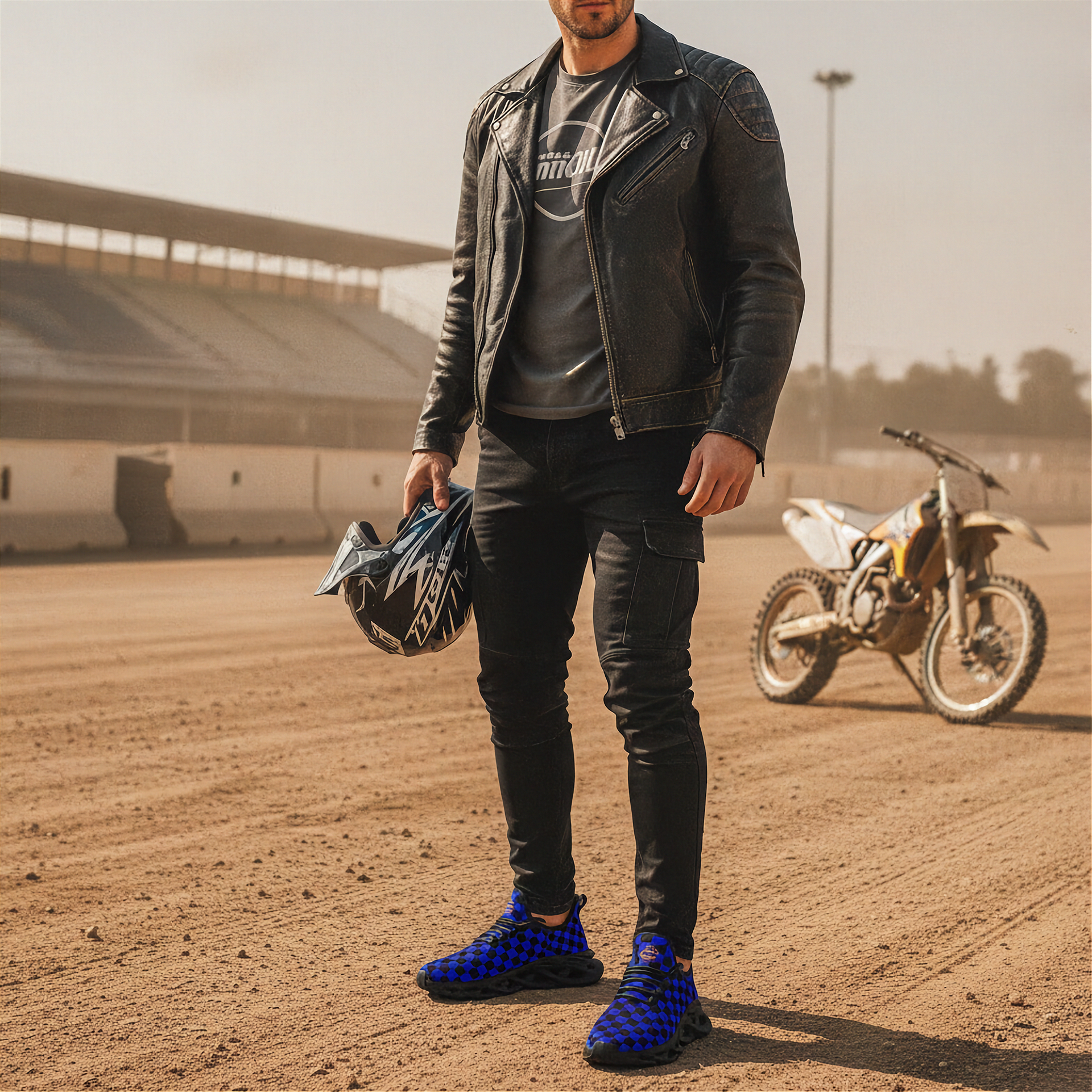 Man in leather jacket holding a helmet and blue checkered sneakers on a dirt track with a motorcycle in the background
