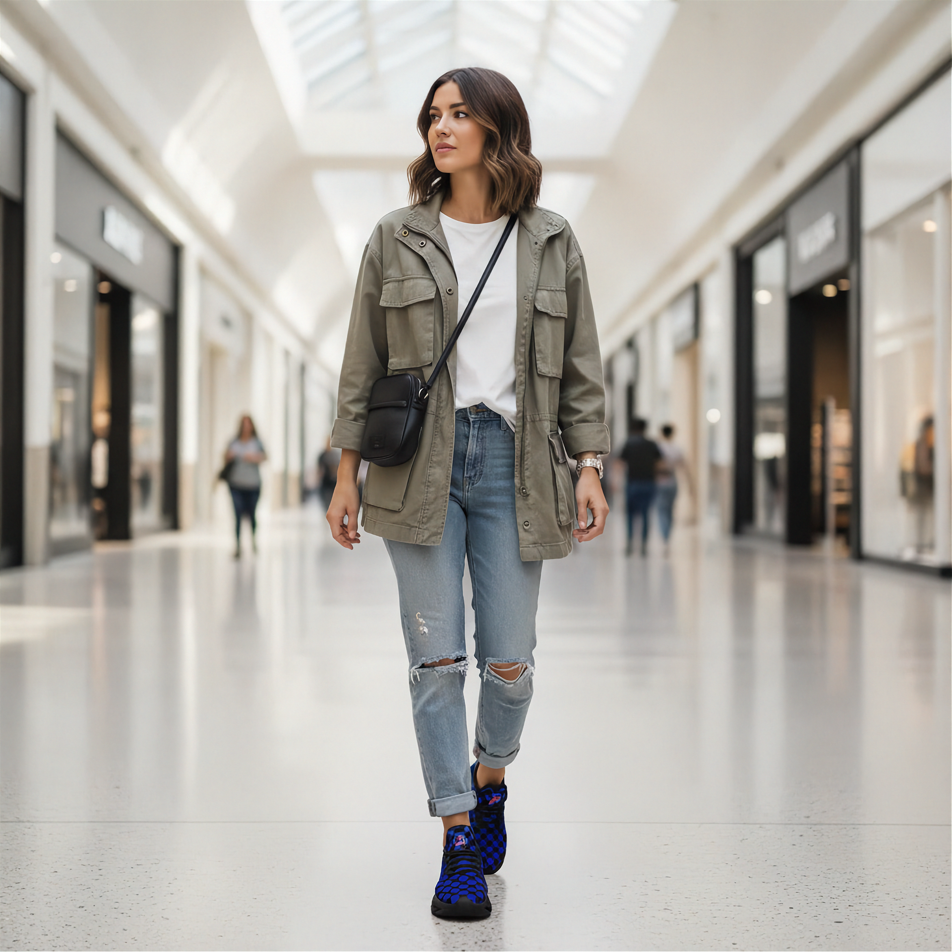 Woman walking in a modern mall wearing an olive green jacket, white shirt, ripped jeans, and blue checkered shoes.