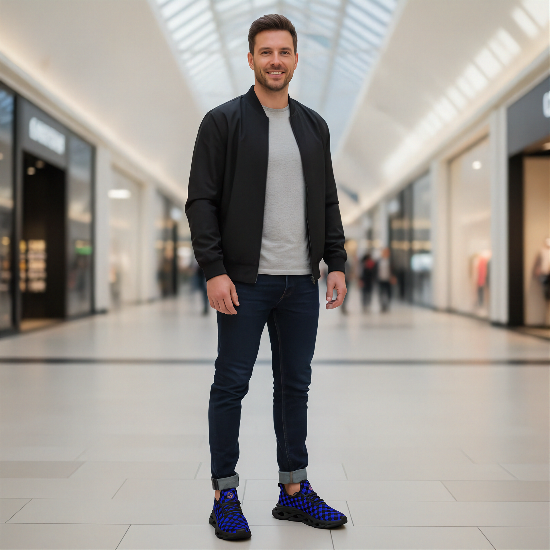 Man standing in a modern mall wearing a black jacket, gray shirt, blue jeans, and blue sneakers.