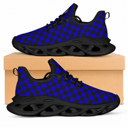 Black and blue checkered sneakers on a beige box with a white background