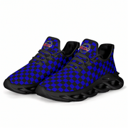 Blue and black checkered sneakers with a brand logo on a white background