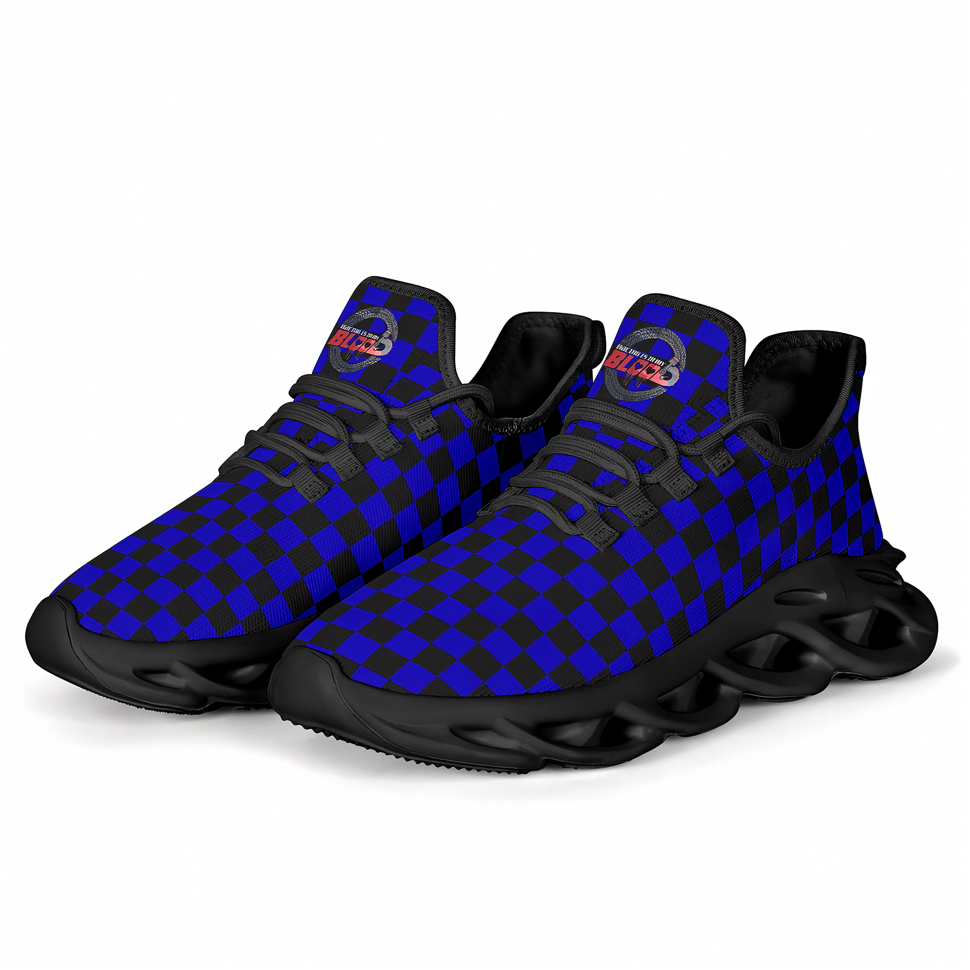 Blue and black checkered sneakers with a brand logo on a white background