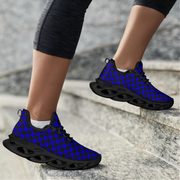 Blue and black checkered sneakers worn by a person on stone steps.