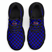 Blue and black checkered shoes with a brand logo on a white background