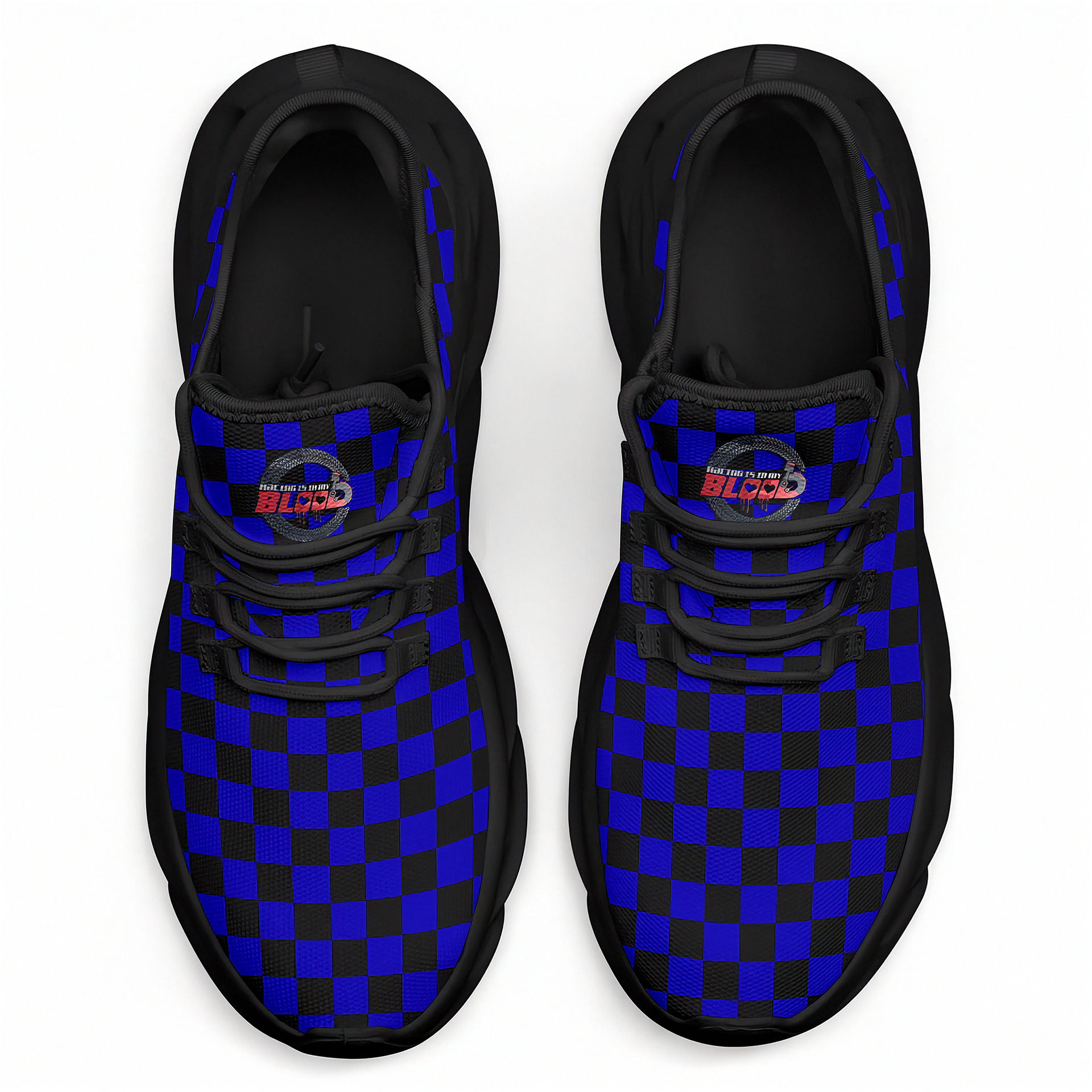 Blue and black checkered shoes with a brand logo on a white background