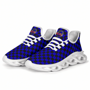 Blue and black checkered sneakers with white soles on a white background