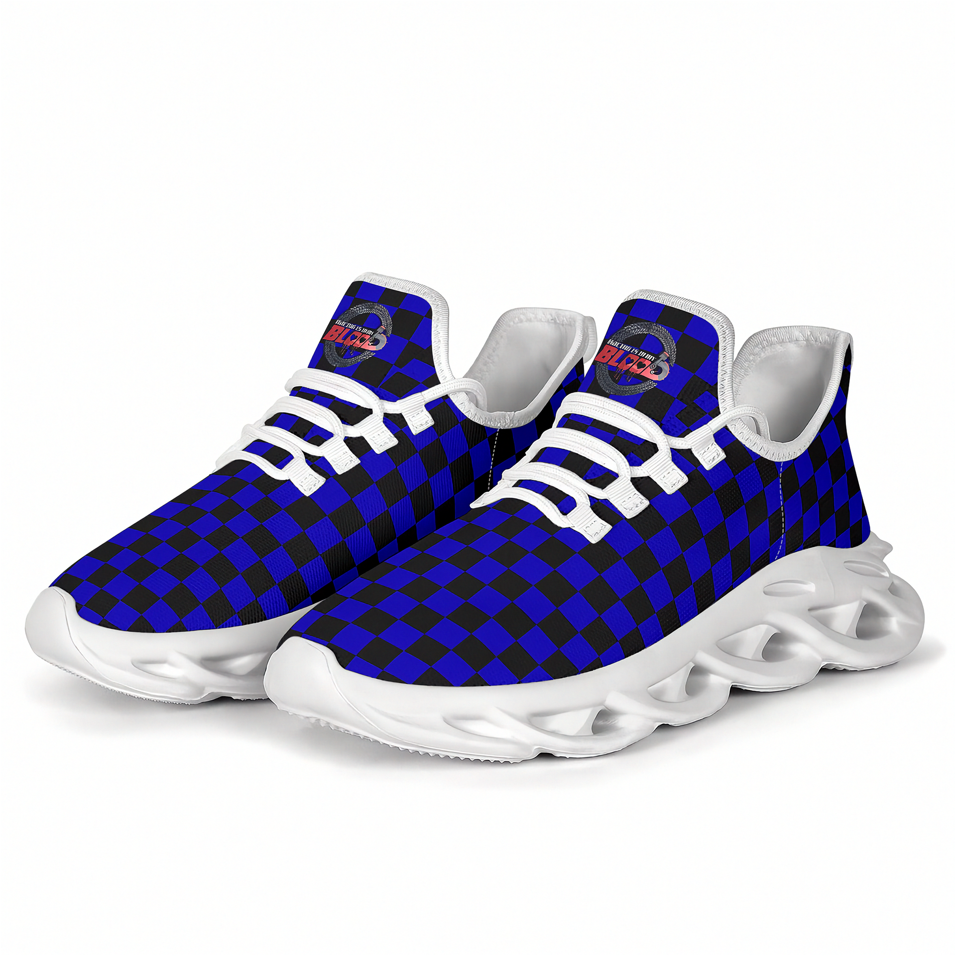 Blue and black checkered sneakers with white soles on a white background
