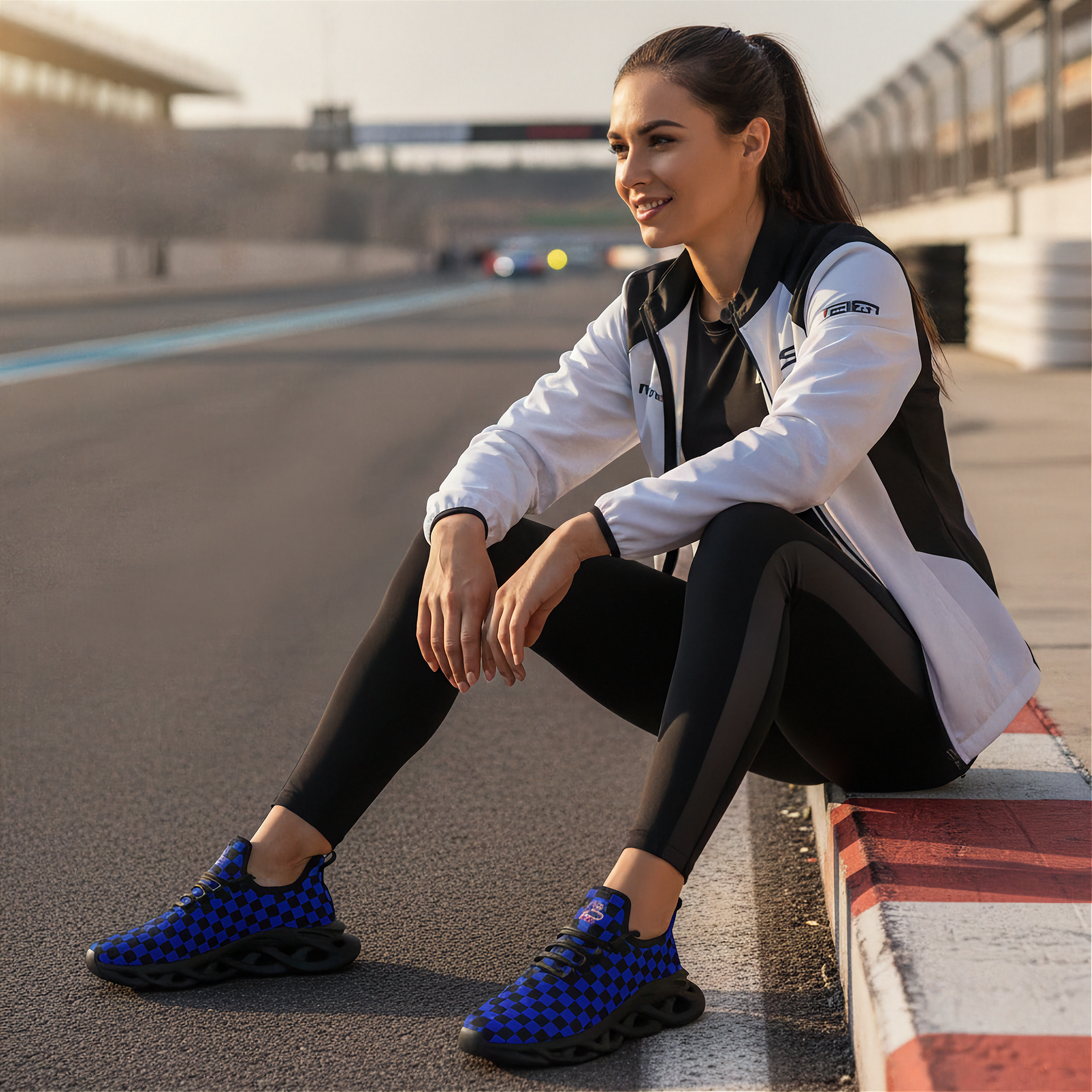 Woman sitting on a race track wearing a branded jacket and black leggings with blue checkered shoes.